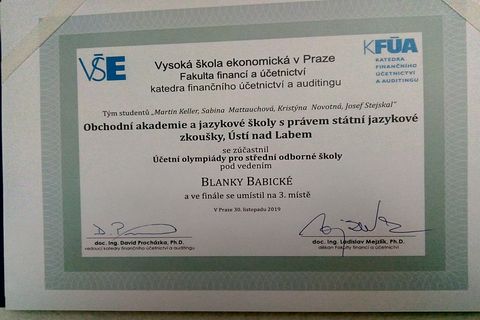 Účetní olympiáda VŠE 2019, diplom